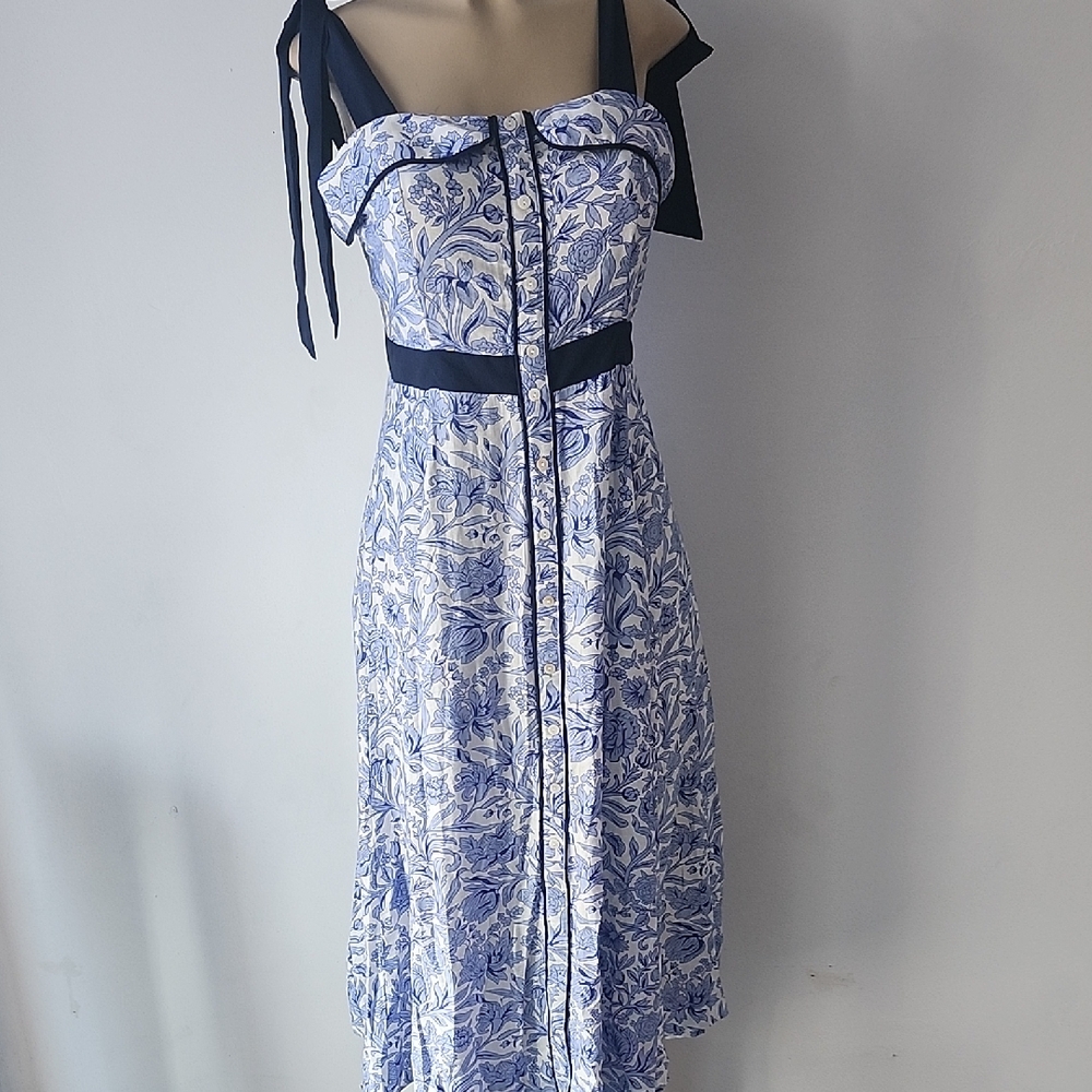 entro White Midi Dress with Blue Floral Print and Navy Accents